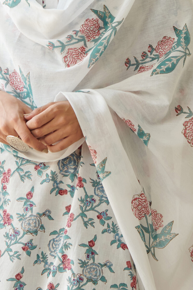 White Block Printed Cotton Dupatta