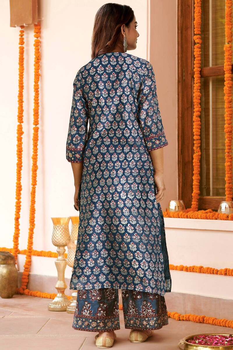 Blue Hand Block-Printed Straight Chanderi Kurta