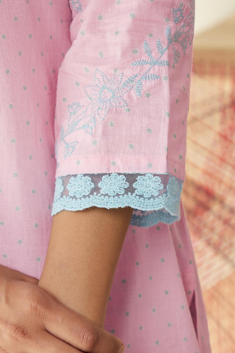 Pink Hand Printed Straight Cotton Kurta