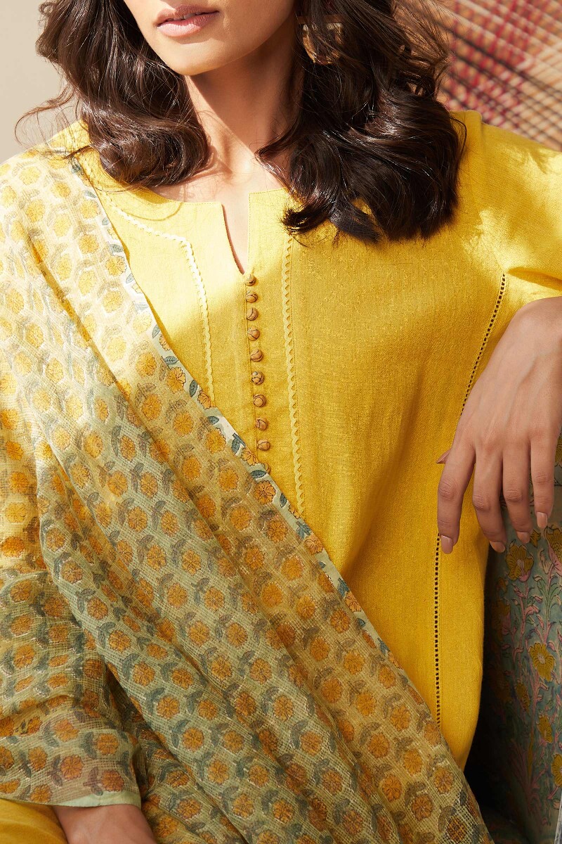 Mustard Yellow Handcrafted Straight Cotton Flax Kurta