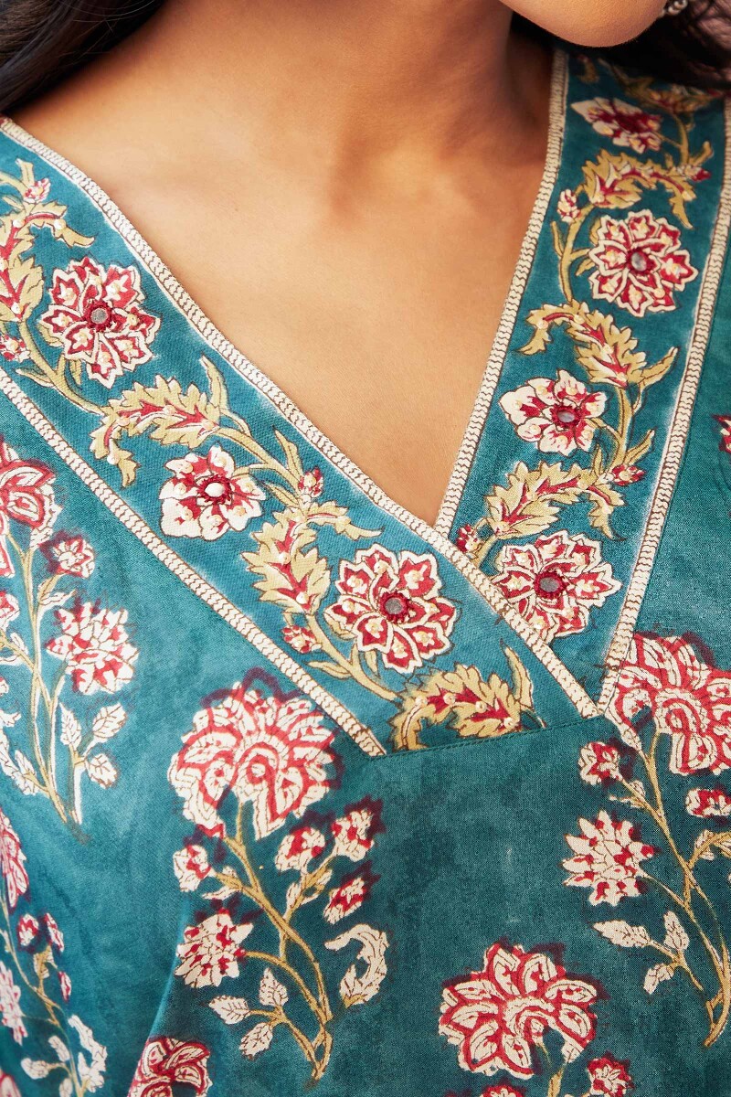 Teal Hand Block-Printed Straight Viscose Kurta