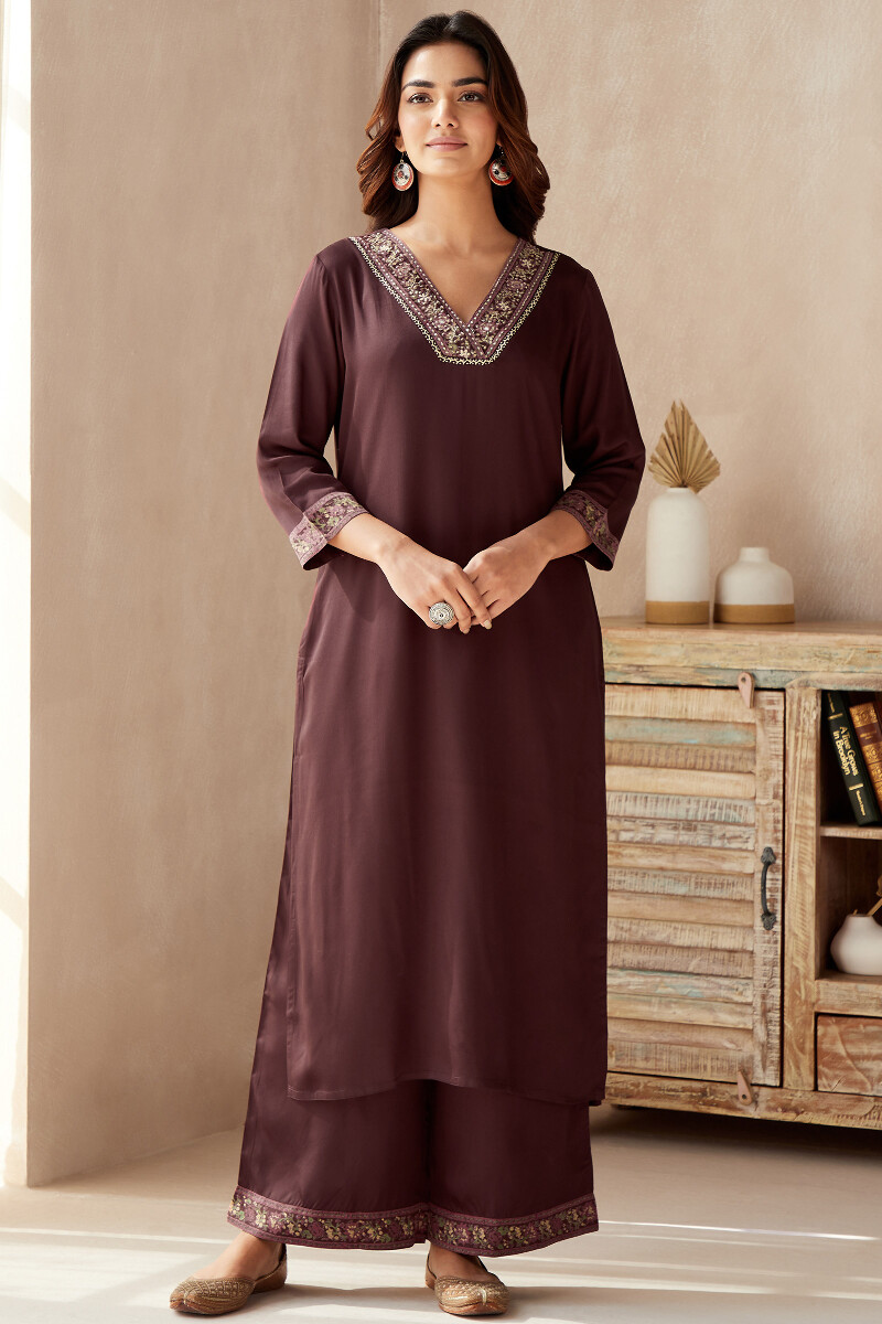 Brown Handcrafted Straight Satin Kurta