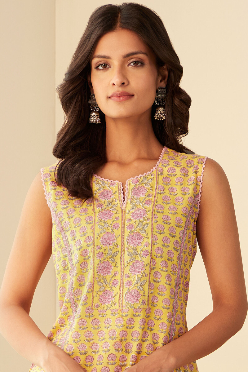 Yellow Hand Block-Printed Straight Cotton Kurta