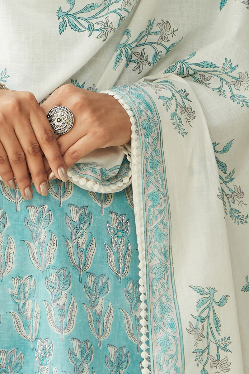 Blue Hand Block Printed Cotton Dupatta