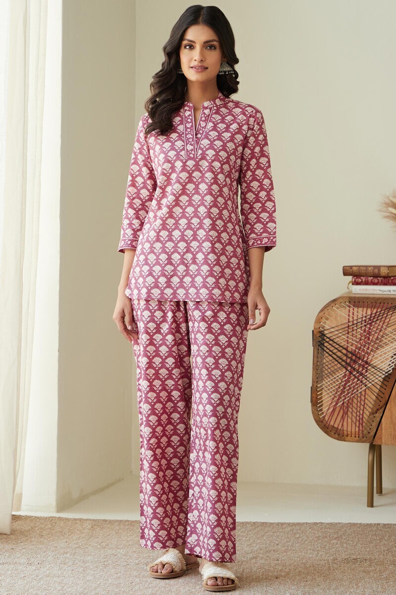 Pink Hand Printed Cotton Loungewear Set