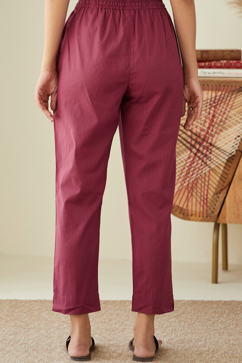 Red Handcrafted Cotton Dobby Narrow Pants