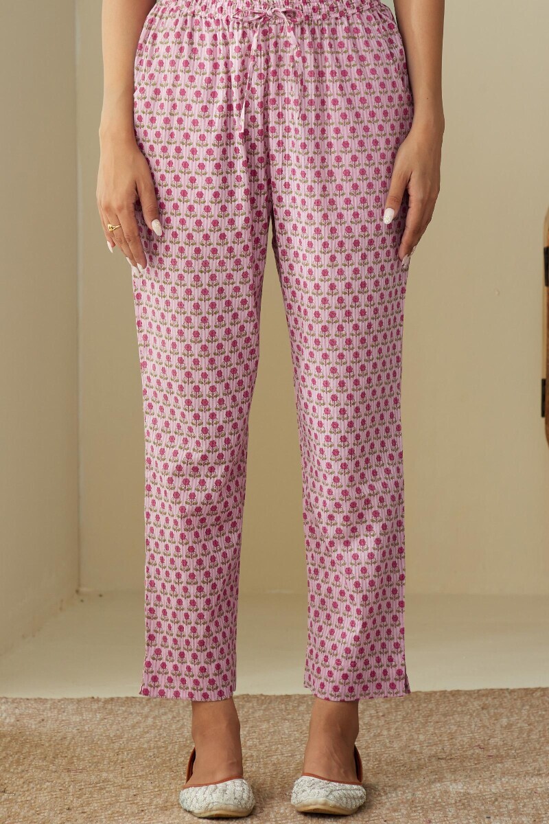 Pink Hand Printed Cotton Dobby Narrow Pants