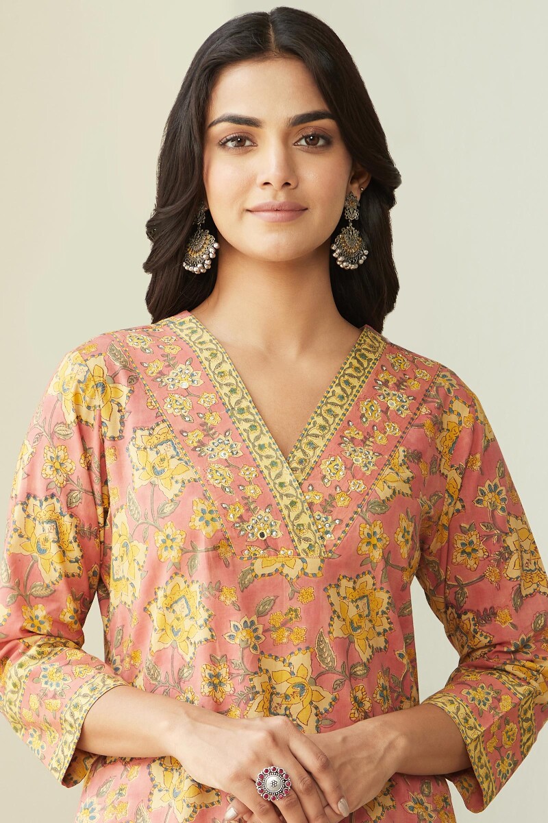 Peach Hand Block Printed Straight Cotton Kurta