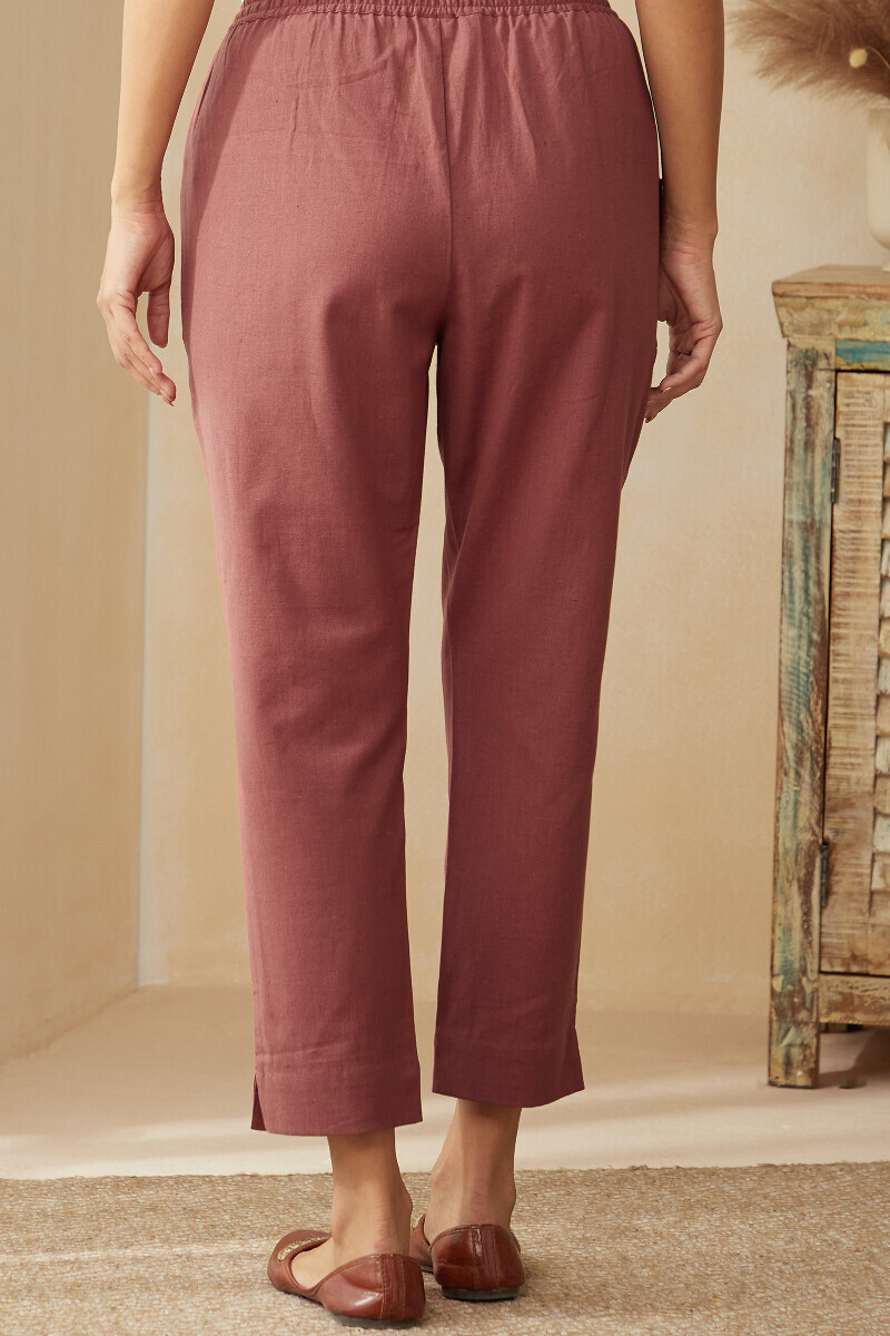 Dusky Red Handcrafted Cotton Flax Narrow Pants