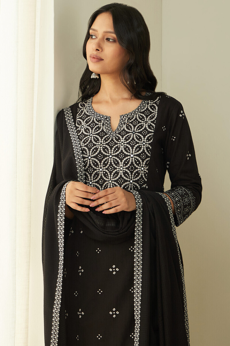 Black Hand Printed Straight Cotton Kurta