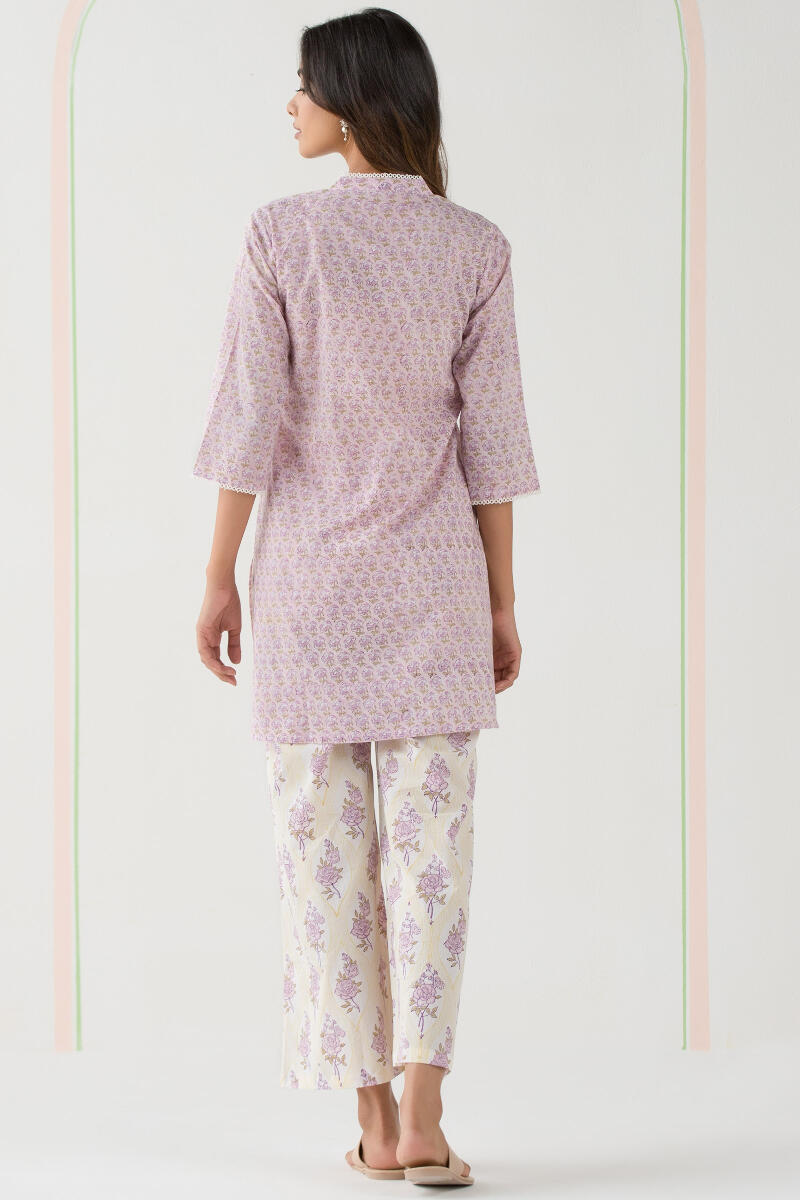 Purple Block Printed Cotton Pyjama Set