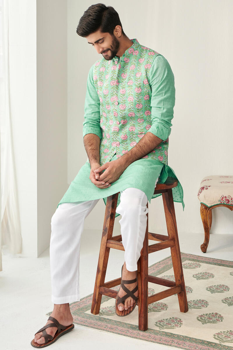 Green Hand Block Printed Cotton Nehru Jacket