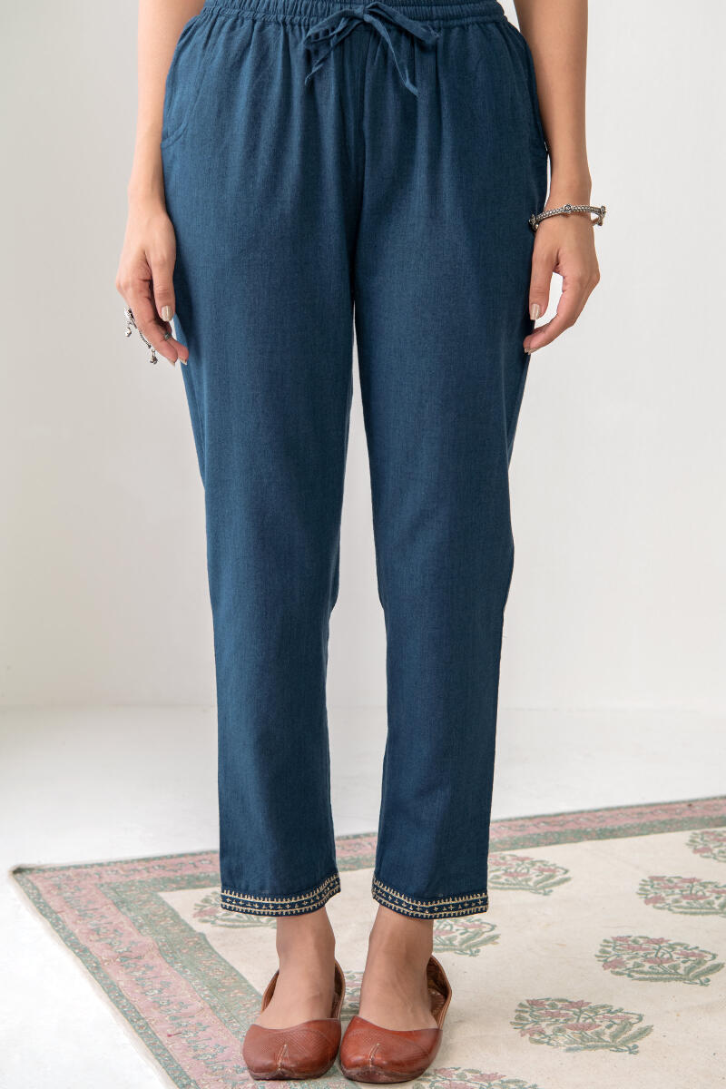 Blue Handcrafted Cotton Narrow Pants