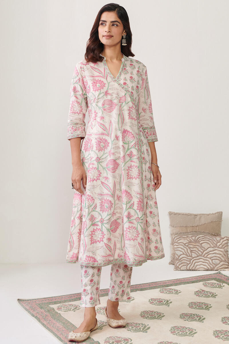 White Hand Block Printed Angrakha Cotton Kurta