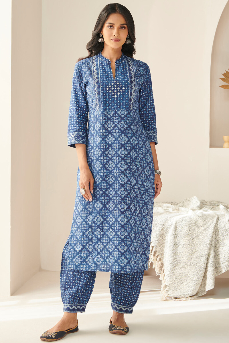 Indigo Hand Block Printed Straight Cotton Slub Kurta