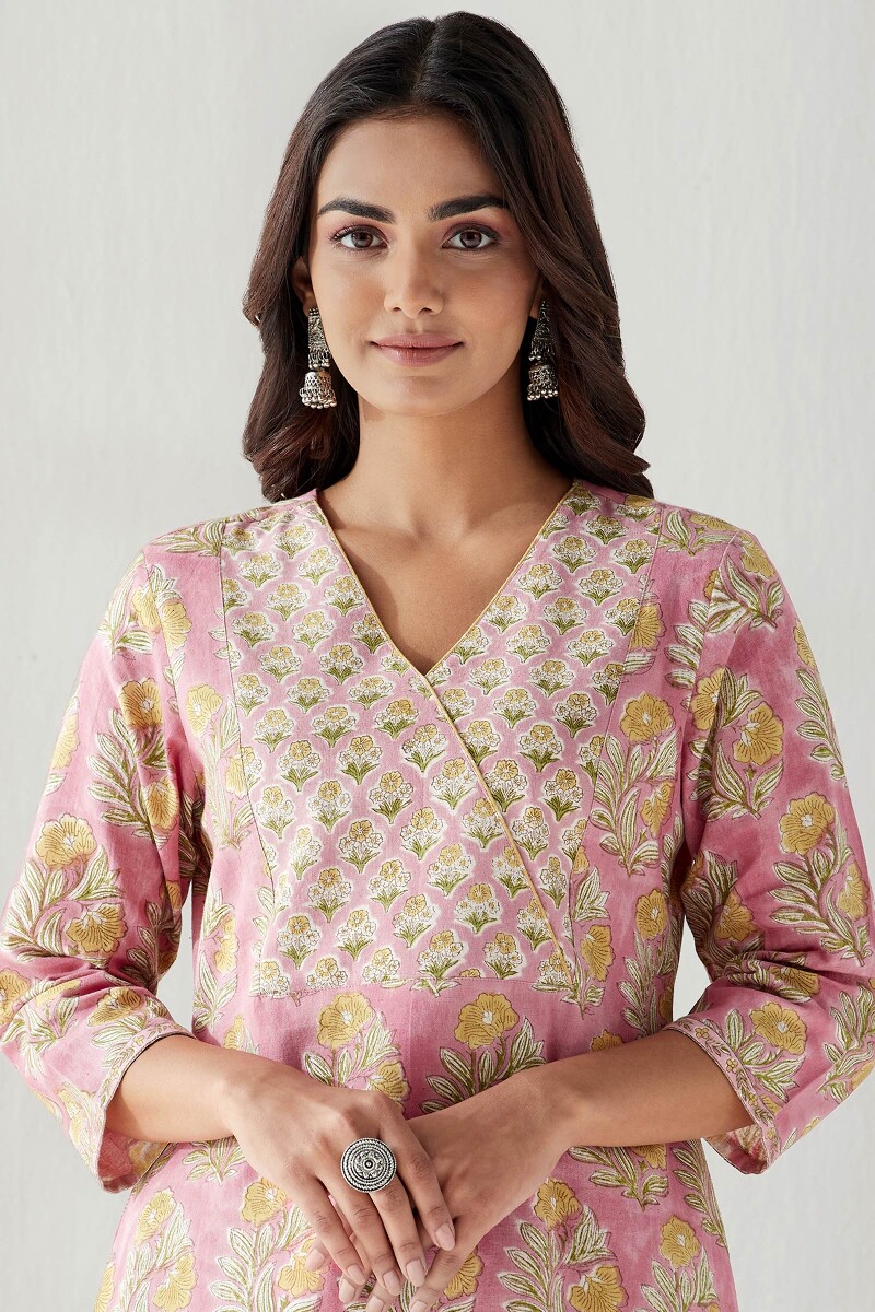 Pink Hand Block Printed Cotton Flax Kurta