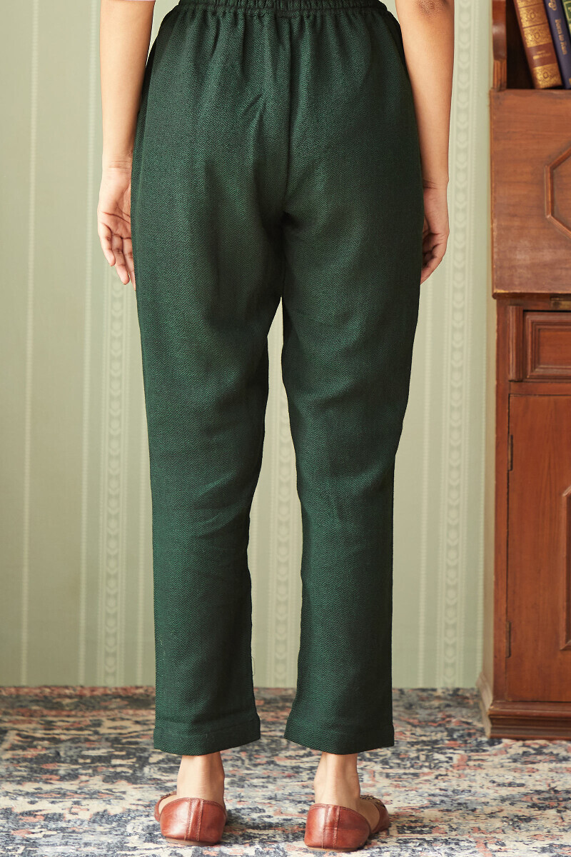 Green Handcrafted Faux Wool Narrow Pants