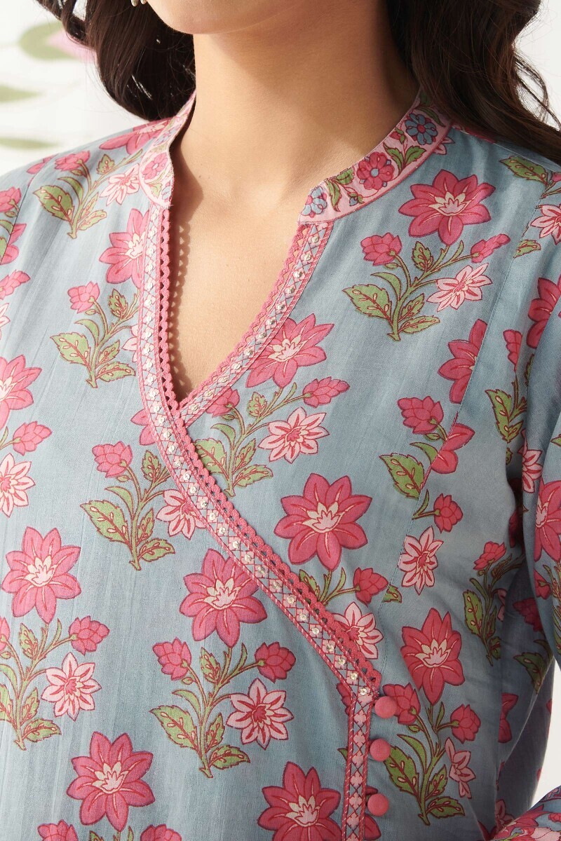 Blue Hand Printed Angrakha Cotton Kurta