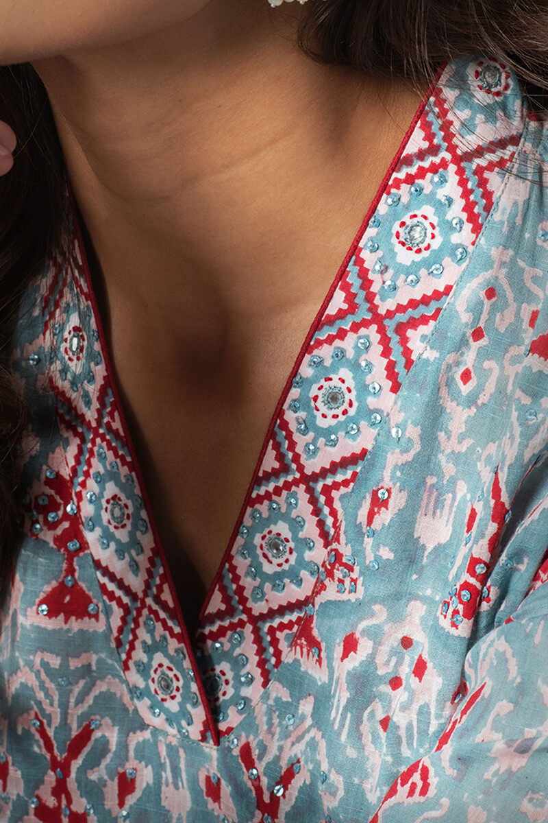 Turquoise Block Printed Straight Cotton Kurta