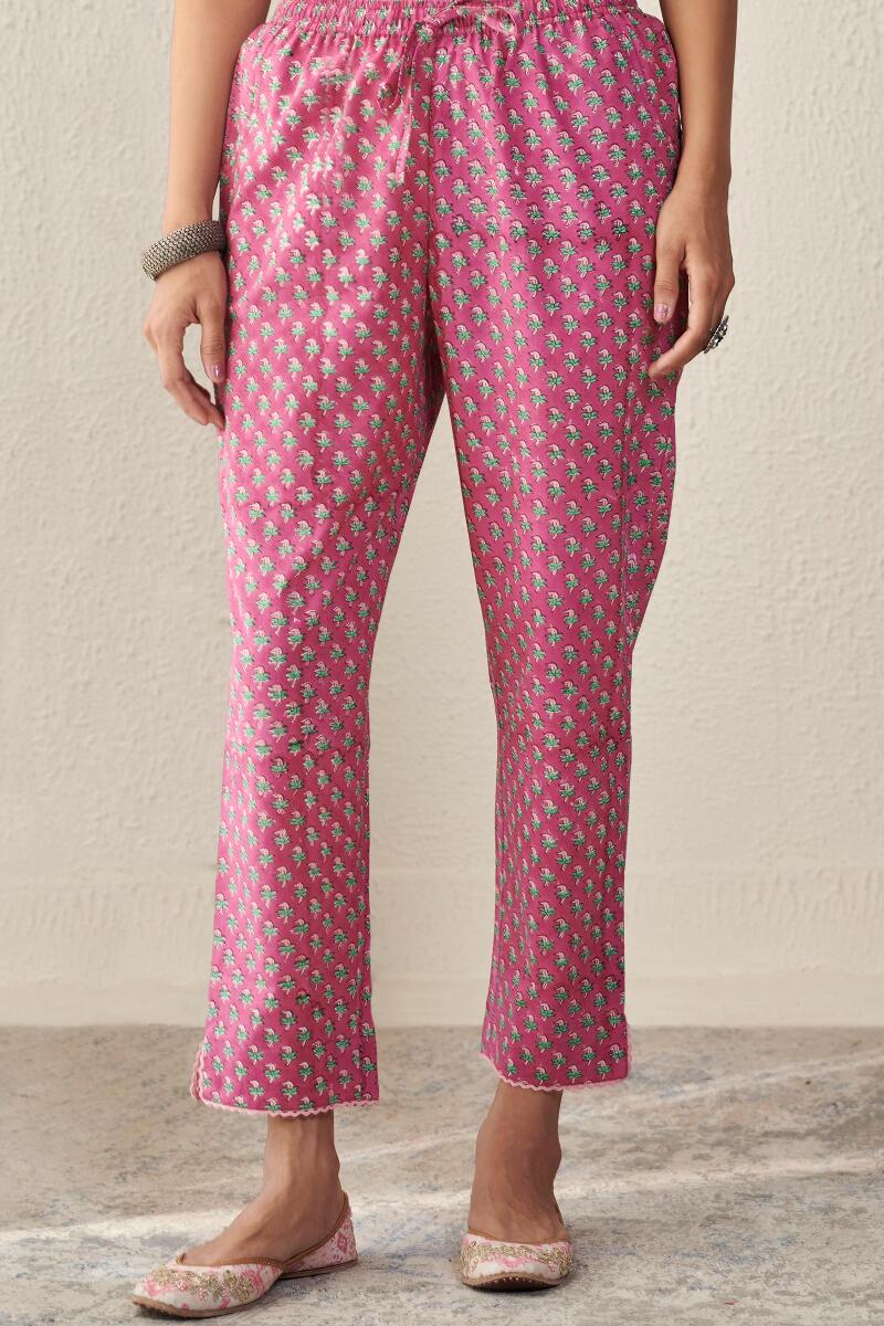 Pink Block Printed Cotton Narrow Pants