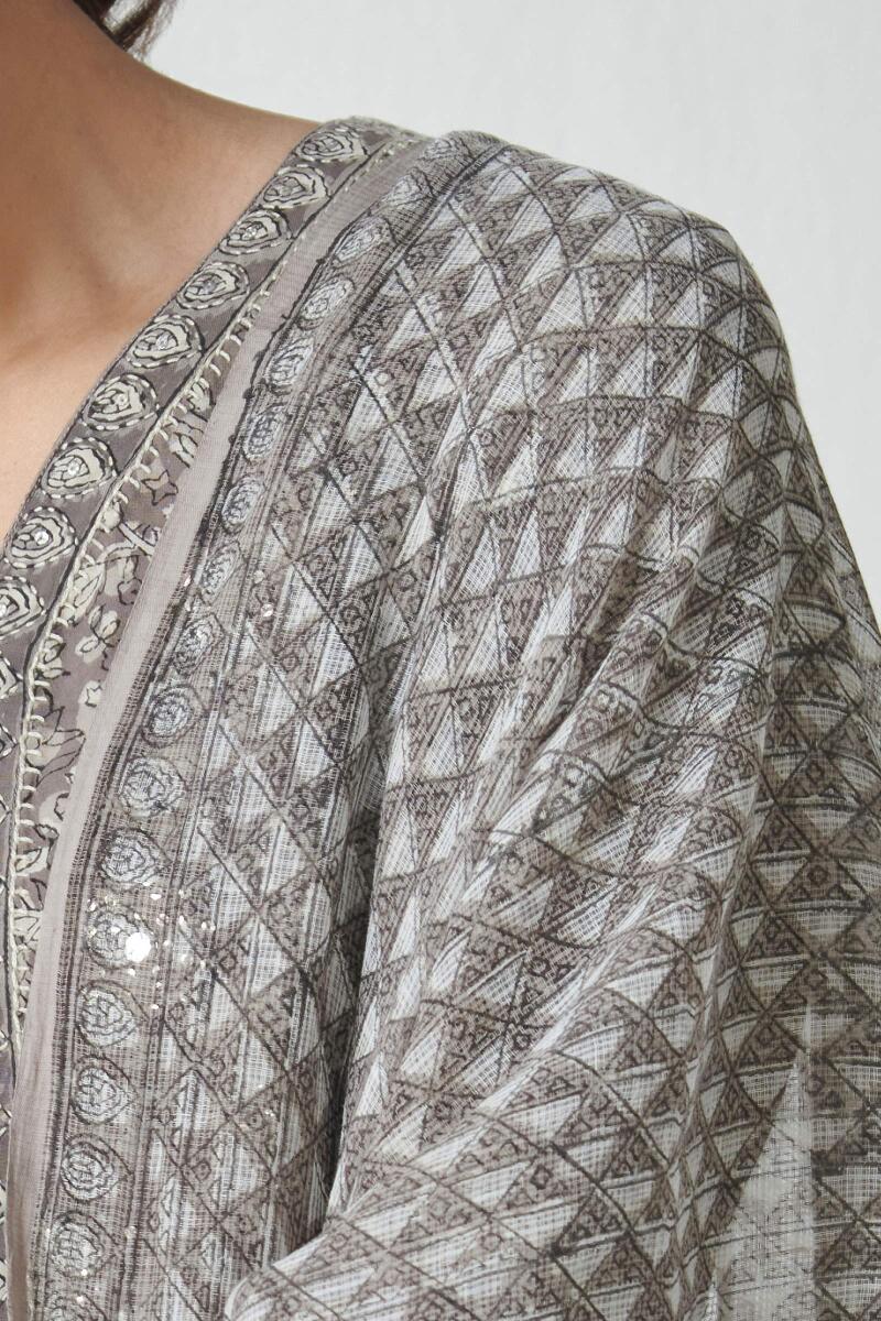 Grey Hand Block Printed Kota Dupatta