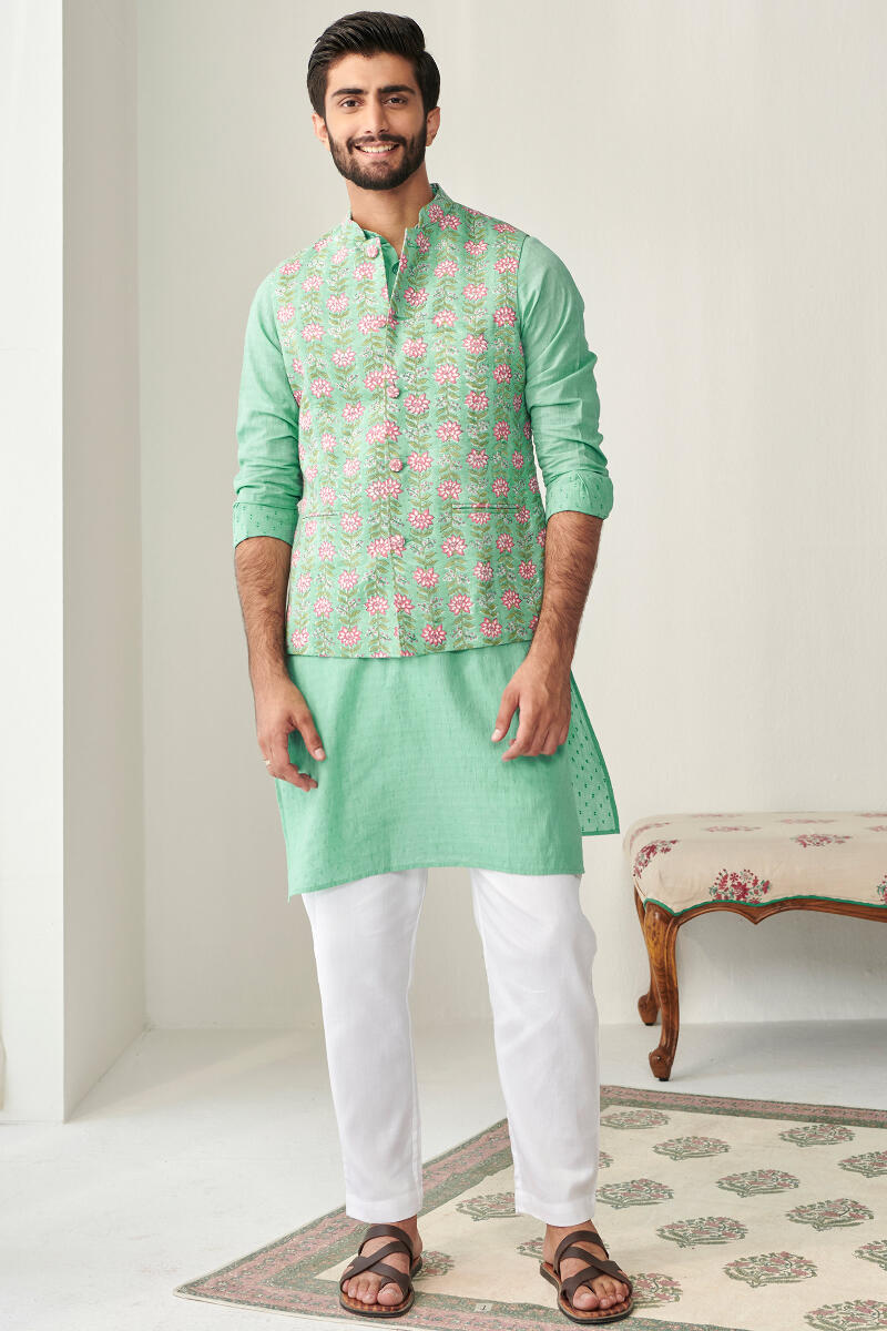 Green Hand Block Printed Cotton Nehru Jacket