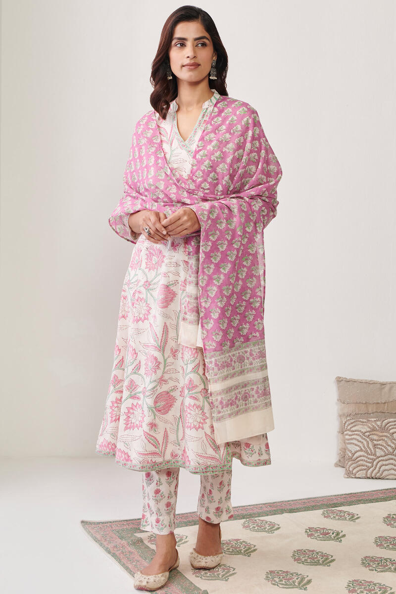 White Hand Block Printed Angrakha Cotton Kurta