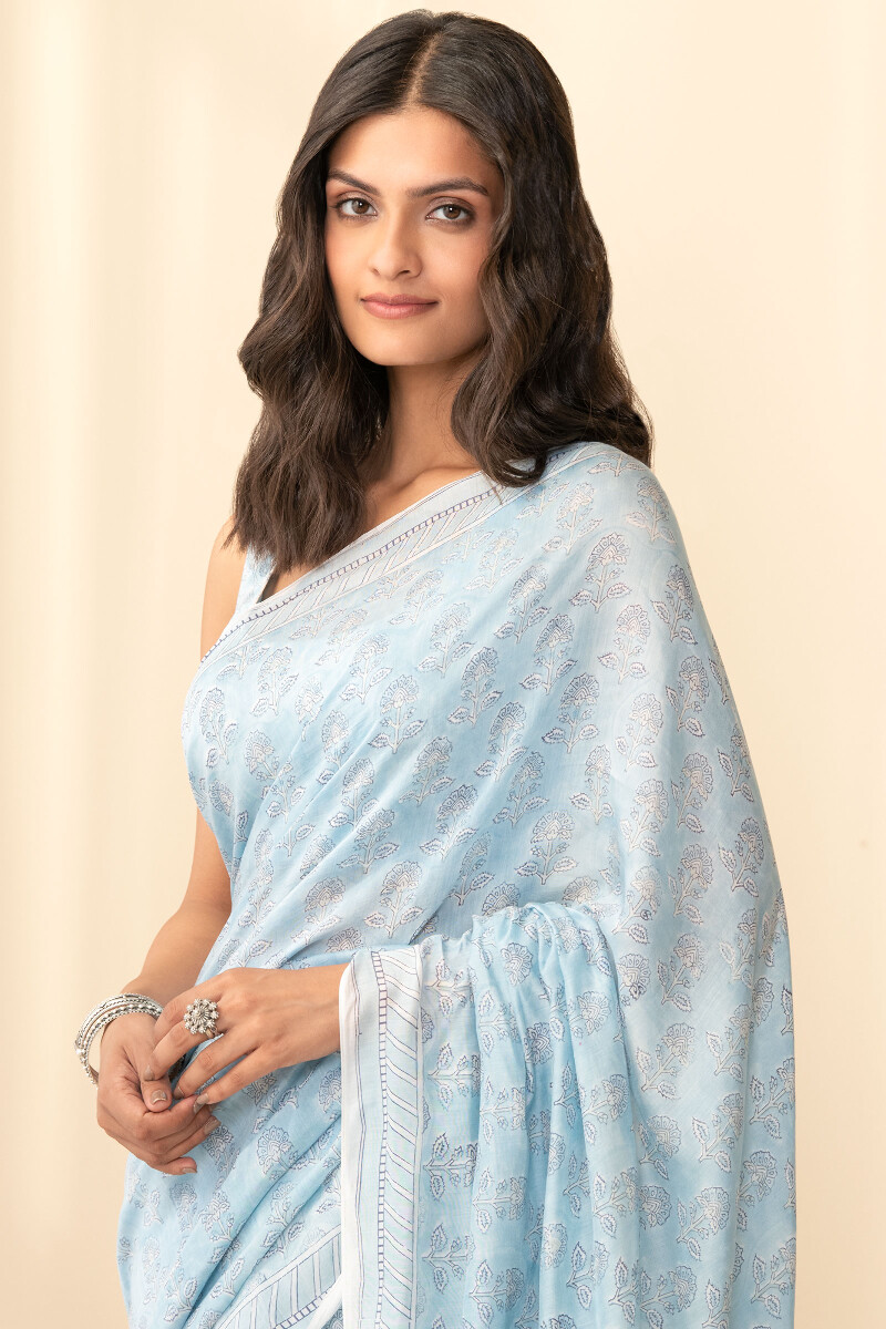 Blue Hand Block Printed Cotton Silk Saree