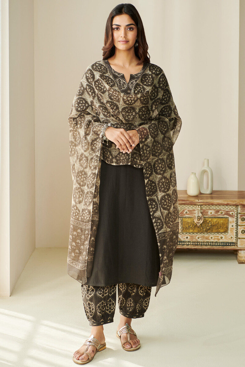 Brown Hand Block Printed Straight Handloom Kurta