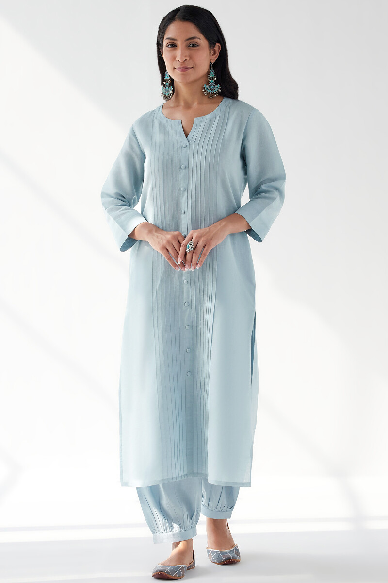 Blue Handcrafted Straight Cotton Linen Kurta