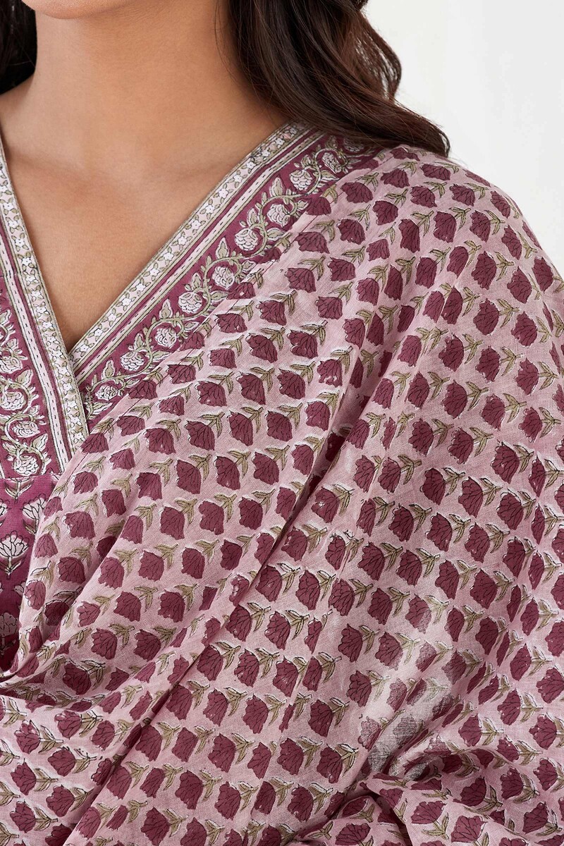 Pink Hand Block Printed Cotton Mul Dupatta