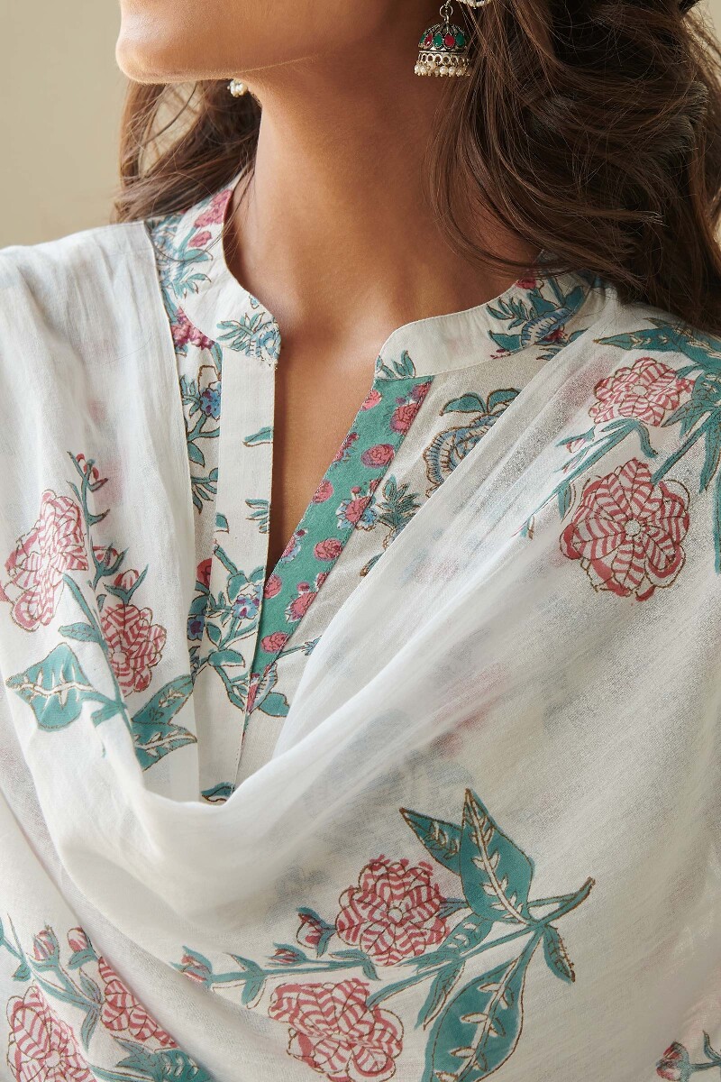 White Block Printed Cotton Dupatta