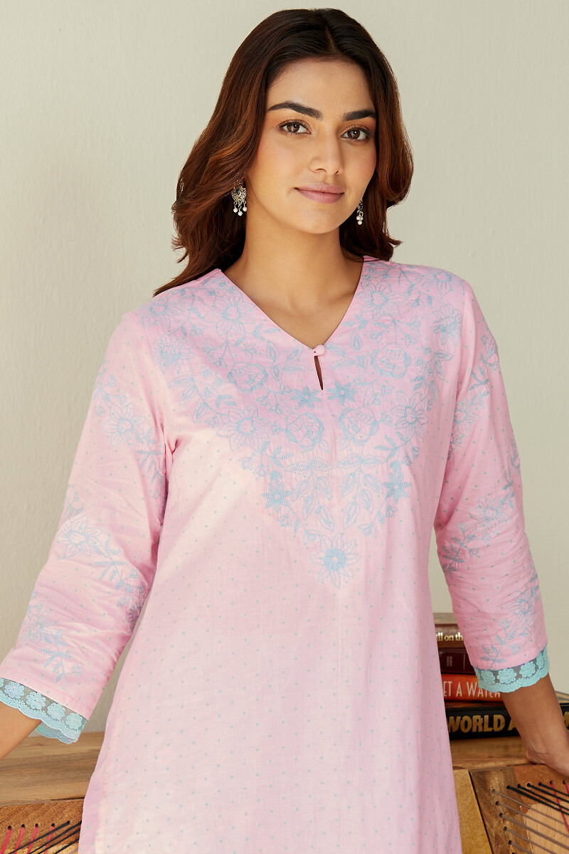 Pink Hand Printed Straight Cotton Kurta