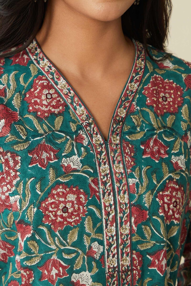 Green Hand Block Printed A-Line Cotton Kurta