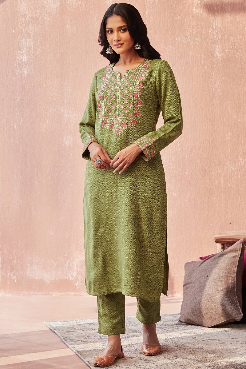 Green Handcrafted Straight Faux Wool Kurta