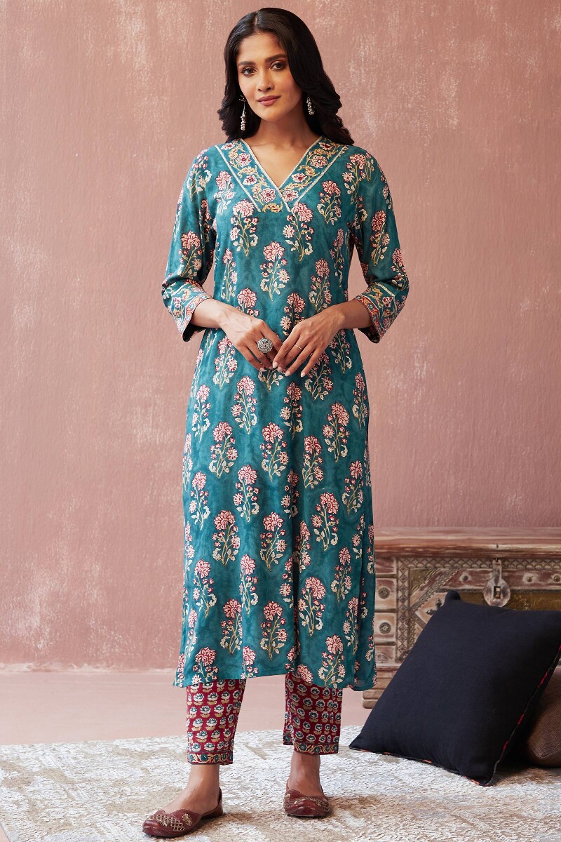 Teal Hand Block-Printed Straight Viscose Kurta