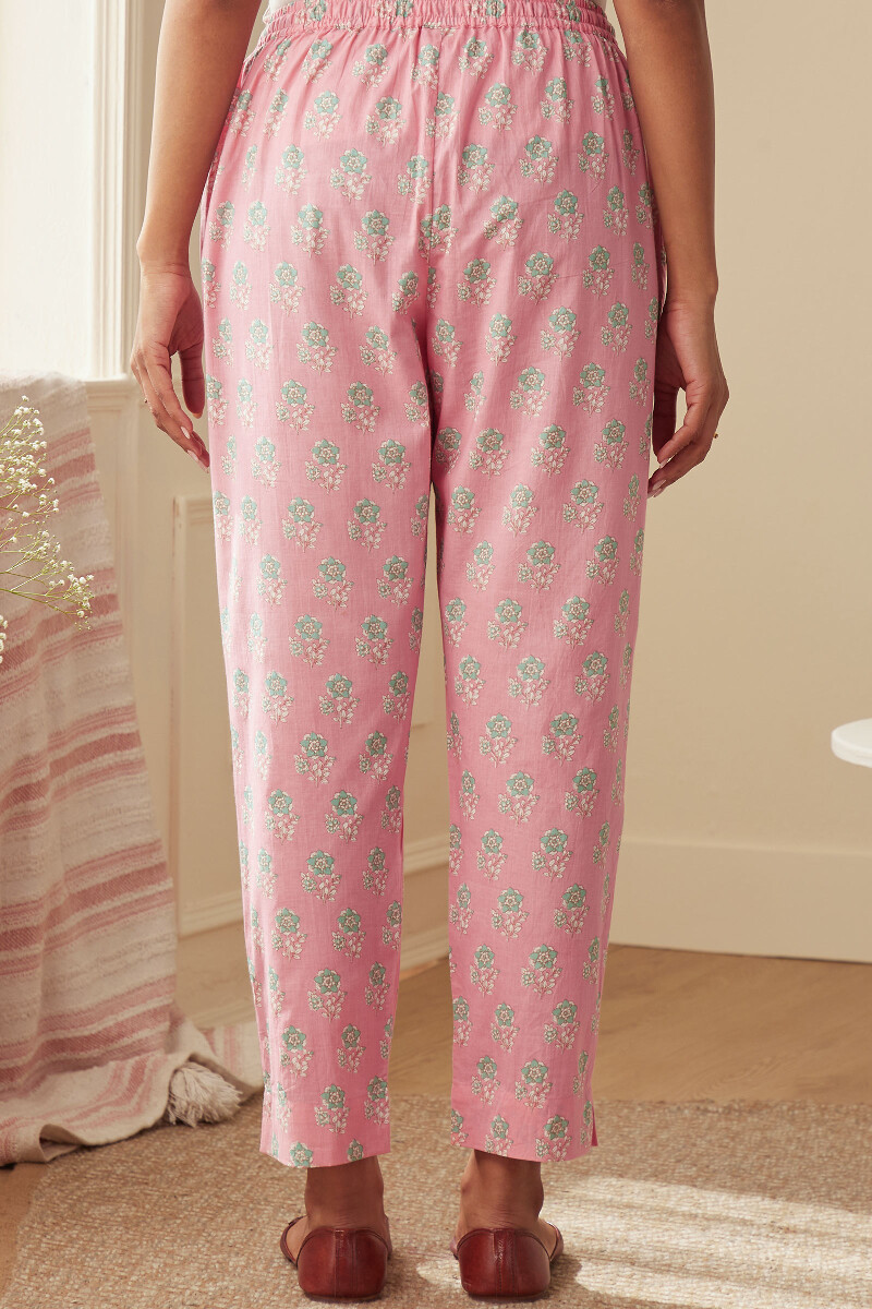 Pink Hand Printed Cotton Narrow Pants