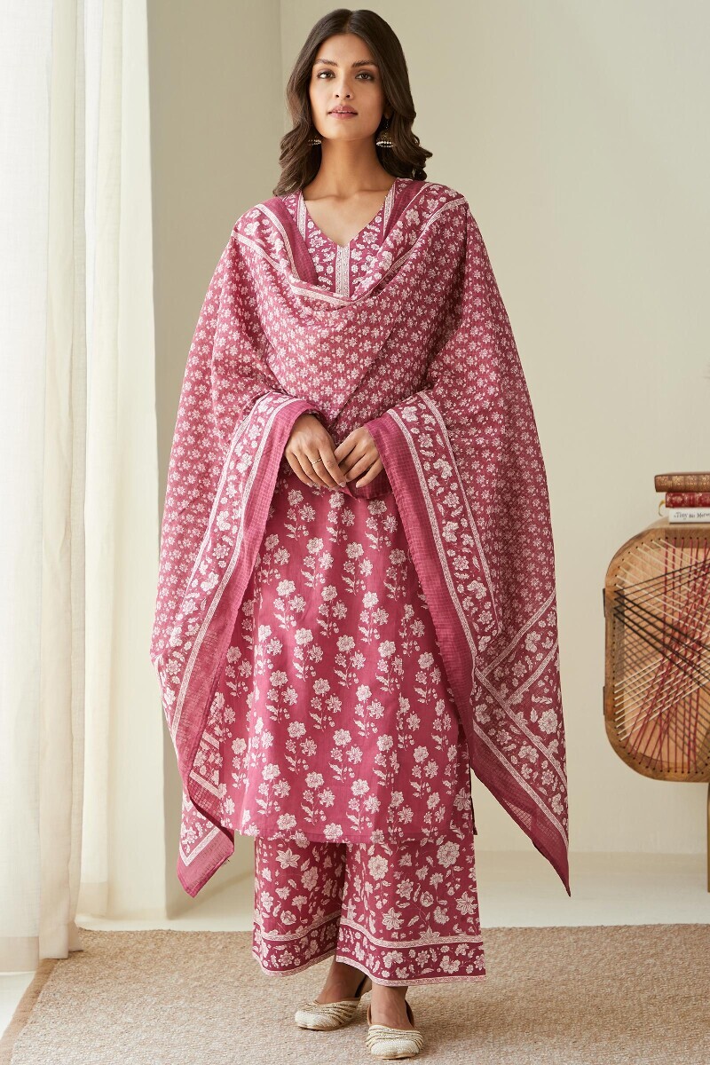 Pink Hand Printed Straight Cotton Kurta