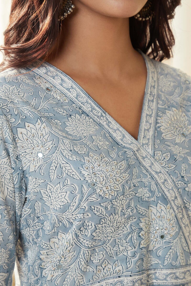 Light Blue Hand Block-Printed A-Line Kurta