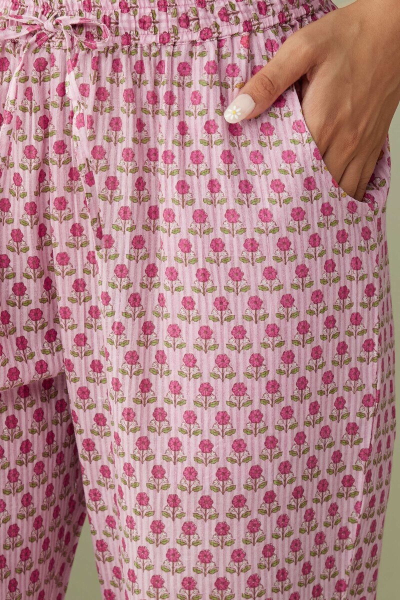 Pink Hand Printed Cotton Dobby Narrow Pants