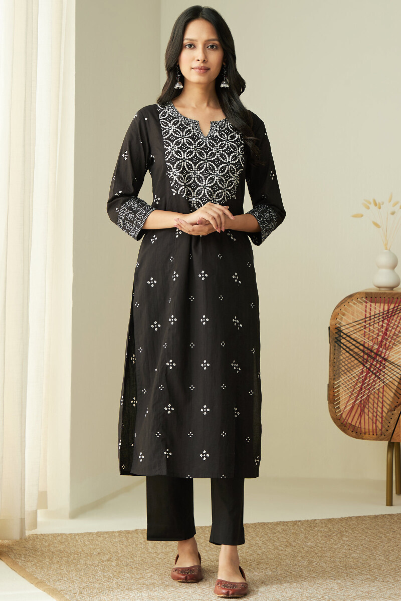 Black Hand Printed Straight Cotton Kurta