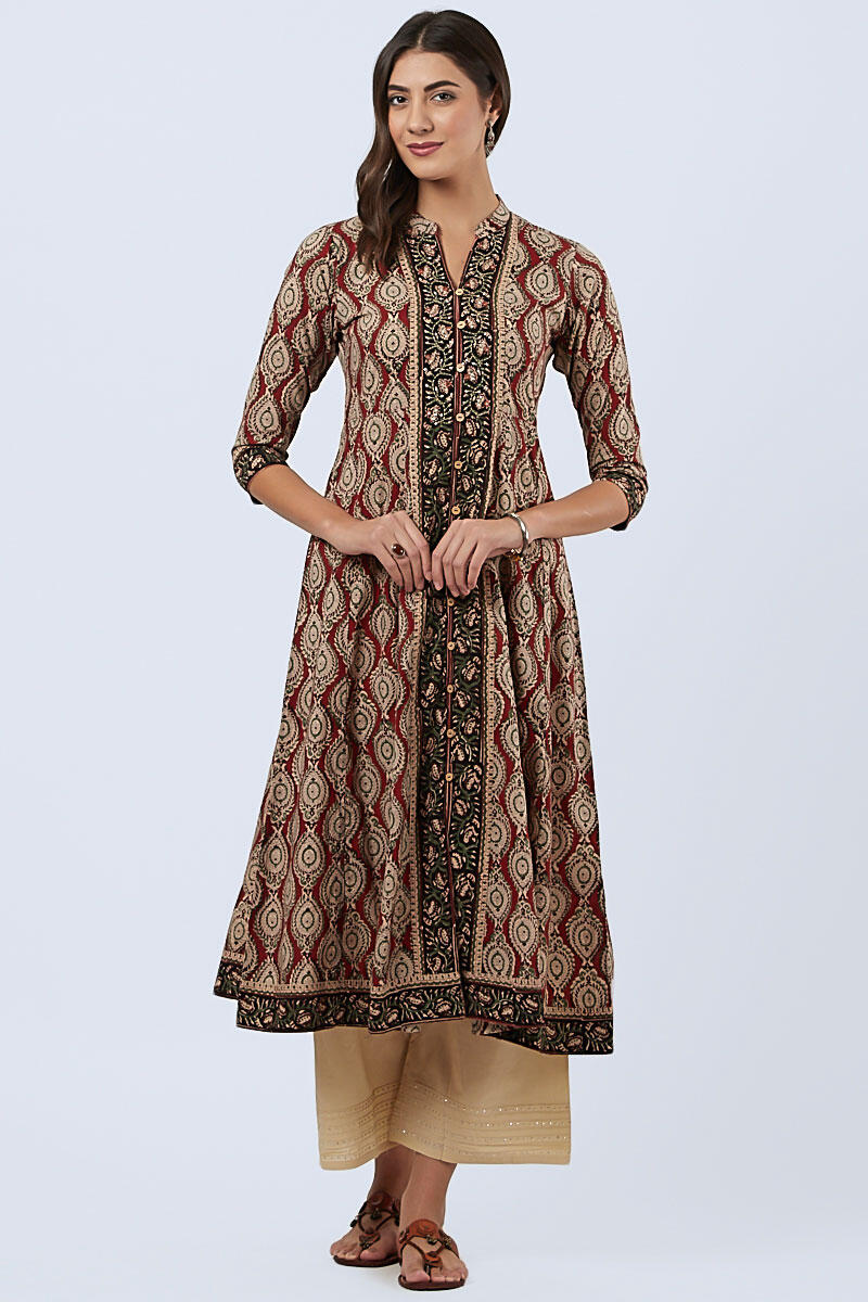 Maroon Block Printed Anarkali Cotton Kurta