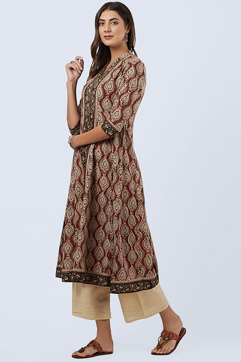 Maroon Block Printed Anarkali Cotton Kurta