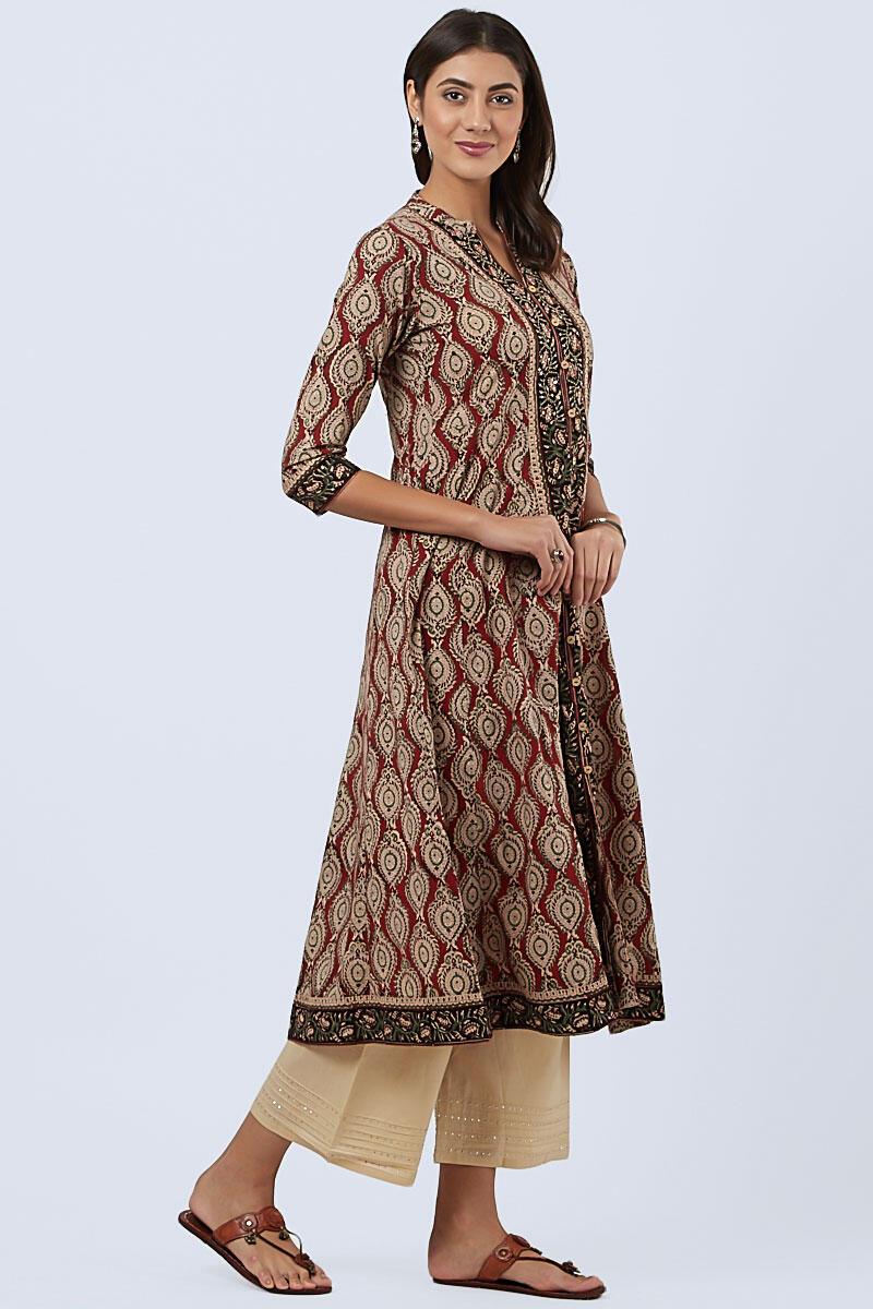 Maroon Block Printed Anarkali Cotton Kurta