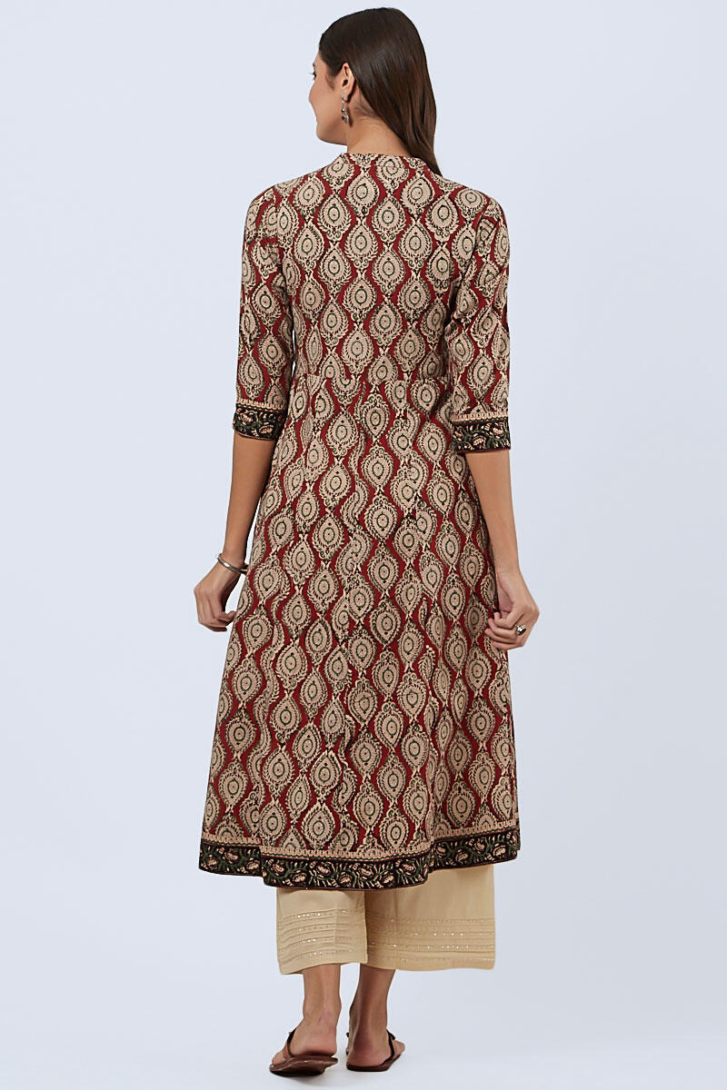 Maroon Block Printed Anarkali Cotton Kurta