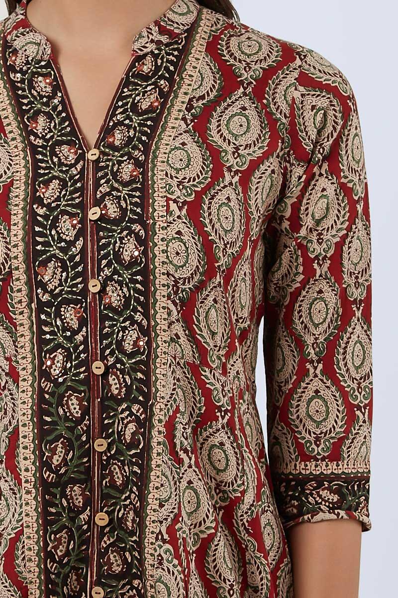 Maroon Block Printed Anarkali Cotton Kurta