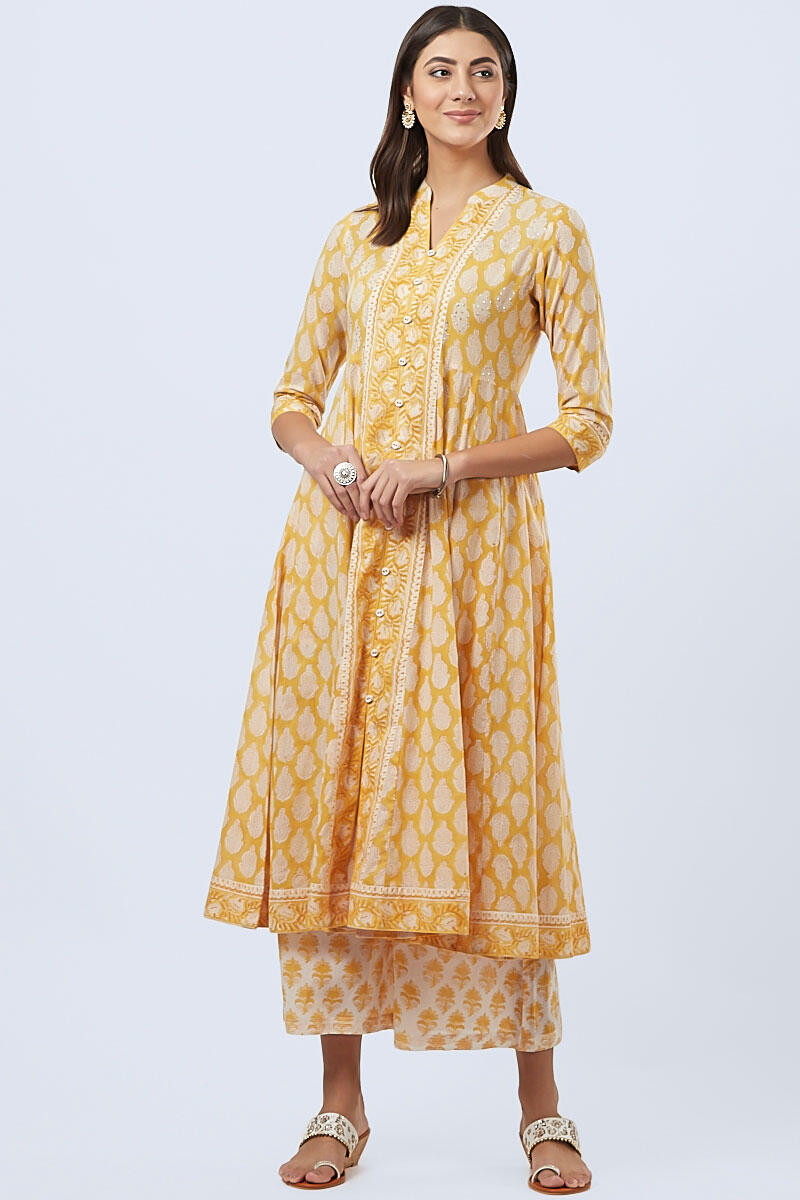 Mustard Block Printed Cotton Palazzo