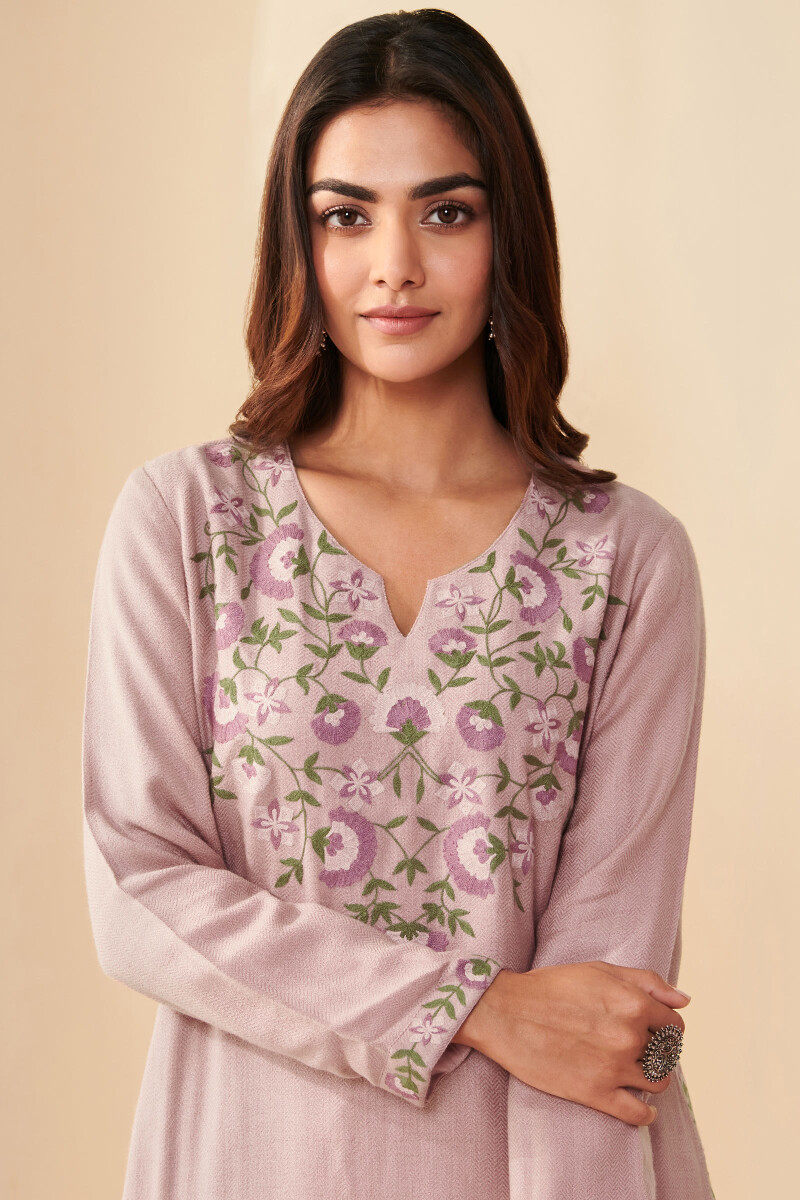 Pink Handcrafted A-Line Faux Wool Kurta