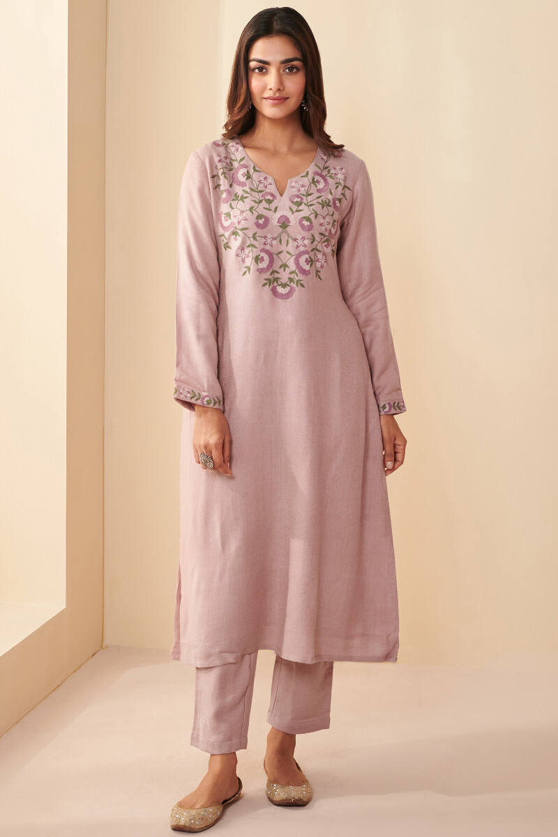 Pink Handcrafted A-Line Faux Wool Kurta