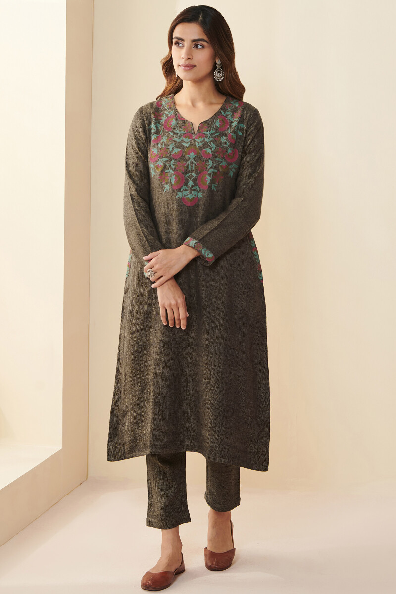 Brown Handcrafted A-Line Faux Wool Kurta